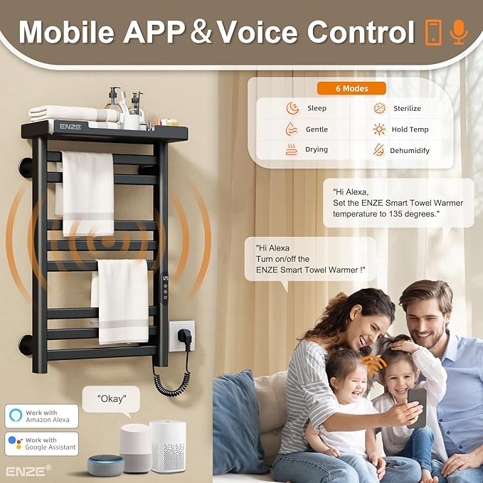 ENZE Heated Towel Rack with Shelf and Wi-Fi App Control, 8 Bars Electric Wall Mounted Towel Warmer with Timer & Adjustable Temperature, Low Carbon Steel, Plug-in/Hardwired, Matte Black