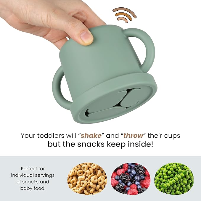 Snack Containers for Toddlers, Kids - 2 Pack Food Grade Silicone Snack Cups with Grip Handle (Natural/Sage)