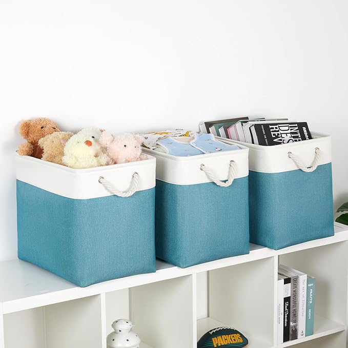 Bidtakay Extra Large Storage Baskets for Shelves 3 Pack Fabric Storage Bins for Organizing Linen Collapsible Organizer for Closet-White&Teal