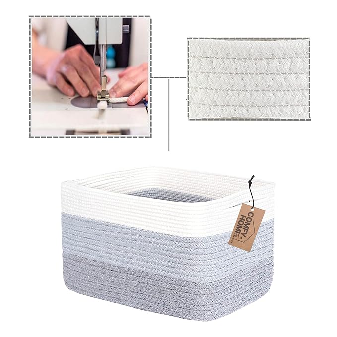 COMFY-HOMI Cotton Rope Woven Basket with Handles for Shelves,Toys,Book, Cloth Storage Baskets Bin for Organizing-13.5"x11"x9.5" Toy Decorative Organizer for Living Room, Bathroom-White/3Tone Grey
