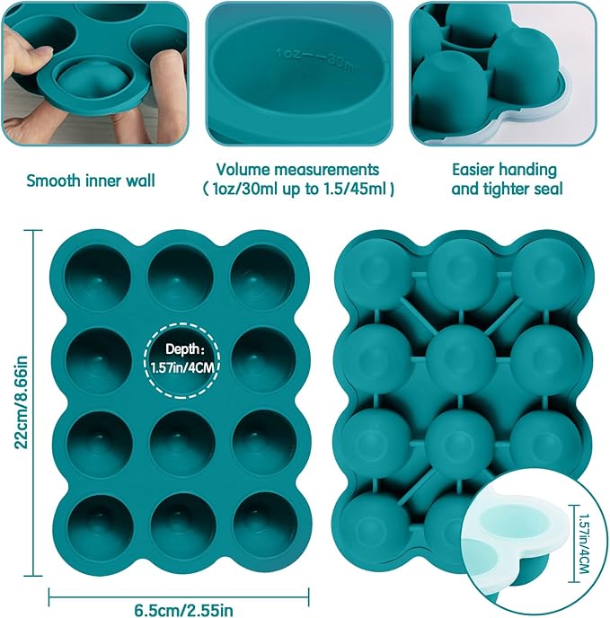 Baby Food Storage 12 x 1.5OZ Silicone Freezer Tray with Lid, Food Grade Silicone Containers for Purees & Vegetables Teal Blue