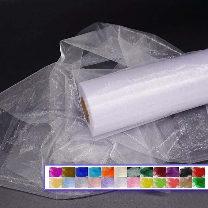 White Tulle Organza Fabric Rolls, Crystal Organza 12" by 50 Yards (150 ft) Sheer Nylon Silky Shiny Netting Spool Bolt for DIY Craft Table Runner Wedding Baby Shower Party Decor (White)