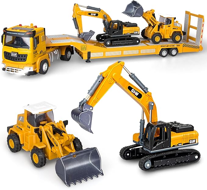Toddler Boys Toys for 3-5 Years Old, Construction Toy Set w/Semi Truck, Excavator, Bulldozer, Alloy Engineering Construction Vehicles Truck Toys for Boys Age 4-7