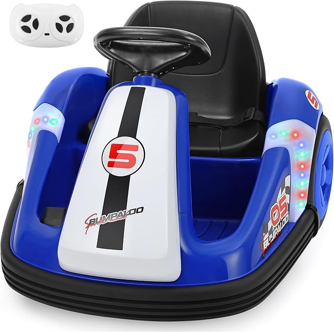 ELEMARA 12V Kids Bumper Car with Big Wheel, 2.2 Mph Max, Toddler Bumper Cars with Remote, Baby Bumping Toy Car with DIY Stickers,360 Degree-Spin, Music, Bluetooth,LED Lights, Blue