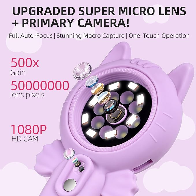 Kids Microscope–500X Digital Pocket Handheld Microscope with Dual Cameras, Autofocus & 32GB Card STEM Educational Toy & Christmas Birthday Gift for Boys & Girls Ages 3 4 5 6 7 8 9 10(Pink)