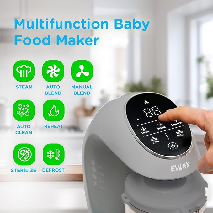 EVLA'S Baby Food Maker, Steamer, Blender, Baby Food Processor for Healthy Homemade Baby Food in Minutes, Touch Screen with 6 Reusable Food Pouches, Baby Registry Essential, Grey