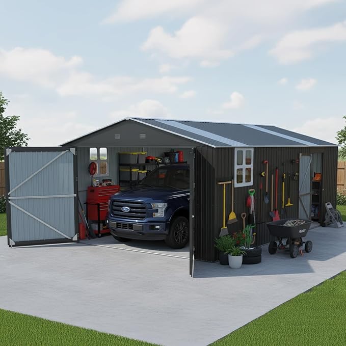 Metal Garage Shed 13x20 FT, Sheds & Outdoor Storage Clearance, Outdoor Storage Shed for Car, Truck, Bike, Lawnmower, Backyard Tool House, Boasting 2 Windows and 2 Translucent Panels