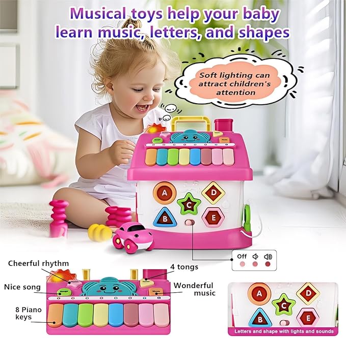OKREVIEW Toys for 1+ Year Old Girls - Montessori Musical Toys for Toddlers Age 1-2, 8-in-1 Multi-Functional Music House with Sound, Lights, Music, Great Gifts for 1+ Year Old Girls Birthday Xmas