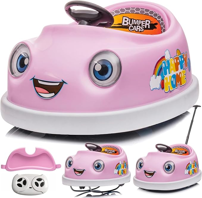 12V Dual Battery Electric Ride on Kids Bumper Car w/Remote Control,360 Degree Spin,Push Rod Rocker Horse Function,3-Speeds Babies & Toddlers Bumping Car Ride on Toy Gift for 1-4 Years Children (Pink)