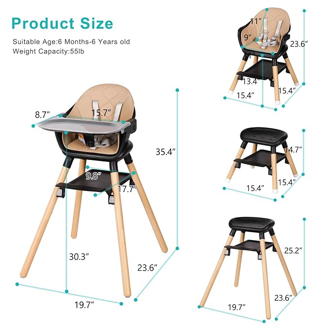 Baby High Chair, 6 in 1 Wooden Convertible High Chairs for Babies and Toddlers, Booster Seat with Double Tray & Reversible Footrest, 5-Point Harness Infants Feeding Seat, Black
