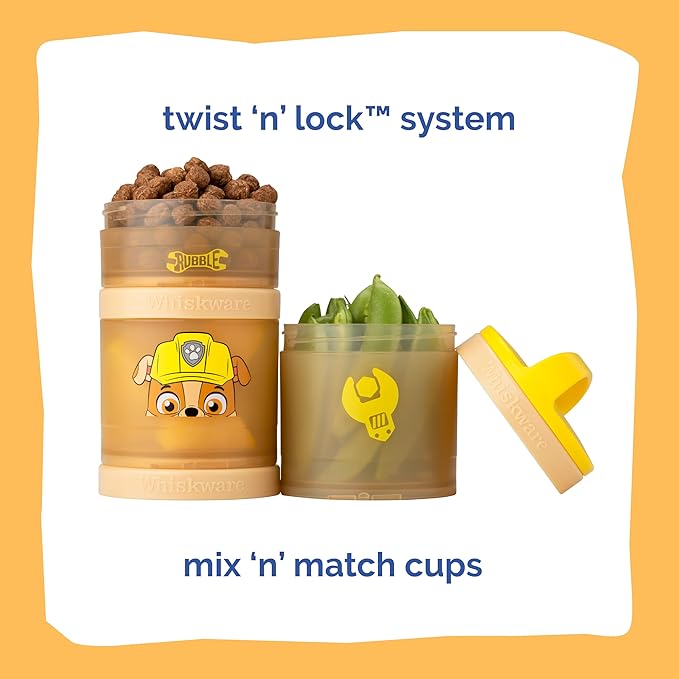 Whiskware Paw Patrol Stackable Snack Containers for Kids and Toddlers, 3 Stackable Snack Cups for School and Travel, Rubble