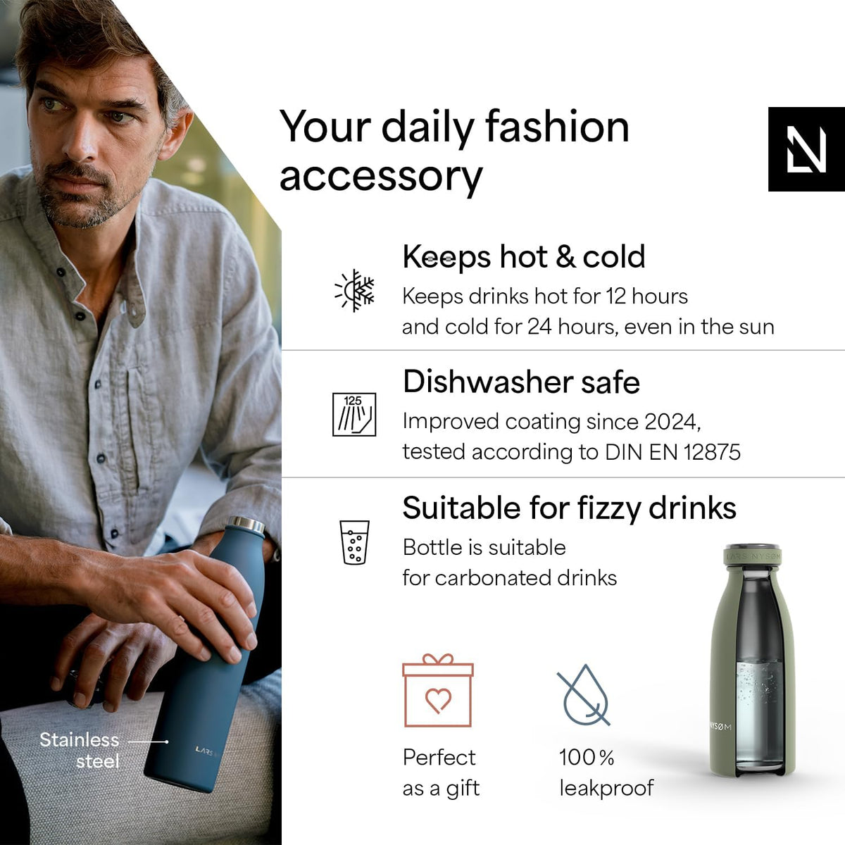 LARS NYSØM Stainless Steel Insulated Water Bottle 12oz 17oz 25oz 34oz 51oz | Insulated Thermo Flask for Hot and Cold Beverages | Leakproof Drinking Bottle (Sage Green, 11.9oz)