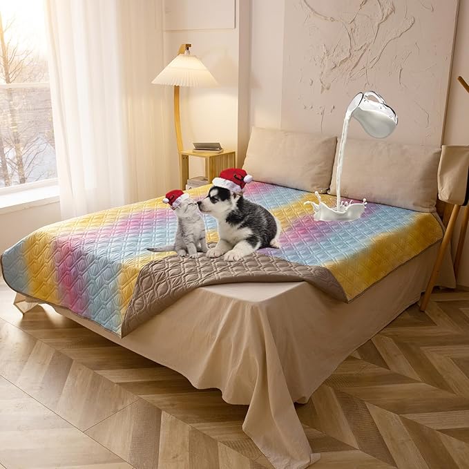 100% Waterproof Dog Bed Cover 68x82 inch Reversible Changing Pad Reusable Camping Mat for Kids/Pet/Dog/Cat Washable Geometric Embroidery Blanket Patchwork Rainbow Ombre Printed+Gray
