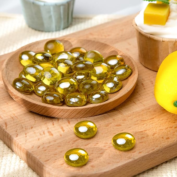 FUTUREPLUSX 1LB Yellow Glass Marbles, Flat Marbles Glass Beads Vase Fillers Decorative Rocks Gold Gemstones for Centerpieces Aquarium Table Scatter Home Decor