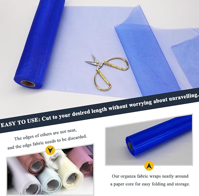 Royal Blue Organza Tulle Fabric Rolls, Crystal Organza 12" by 50 Yards (150 ft) Sheer Nylon Silky Shiny Netting Spool Bolt for DIY Craft Table Runner Wedding Baby Shower Party Decor (Royal Blue)