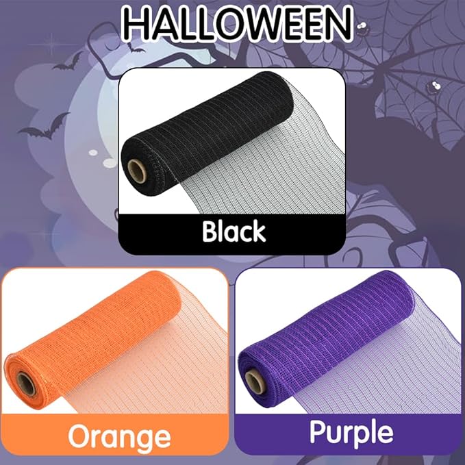 TONIFUL 10 Inch 3 Rolls Black/Orange/Purple Decorative Mesh Ribbons, Fabric Mesh for Tree Home Front Door Wreaths Decorations Supplies, for Halloween Decorations（3 Colors, 10yards/ roll）