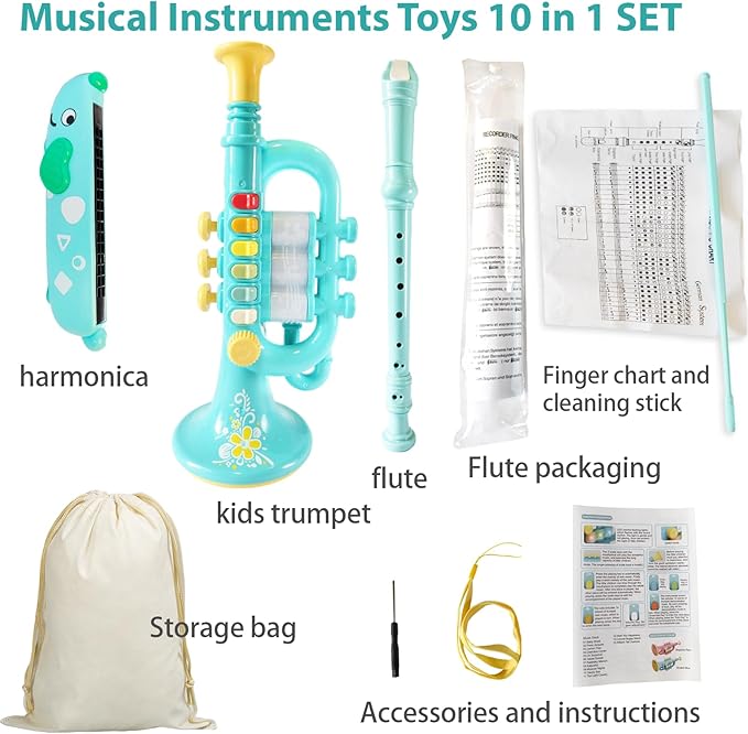 Kids Musical Instruments Toys 3 in 1, Trumpet Harmonica Recorder Set with Storage Bag, Educational Music Toys for Children Ages 3 4 5 6 7, Gifts for Boys Girls