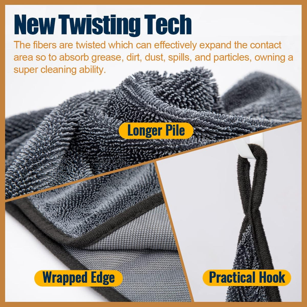 Airlab Microfiber Towels for Cars Wash Drying Super Absorbent Cleaning Cloth Auto Detailing Ultra Soft, Lint-Free, Streak-Free, 24 x 16 Inch, Pack of 2, Grey-Black, 600 GSM