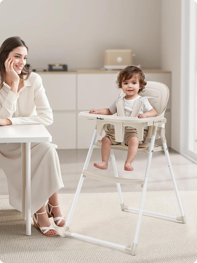 Foldable High Chair, High Chairs for Babies and Toddlers, Dining Chairs and Eating Chair with Adjustable Tray and 5 Point Harness for Infant, Beige