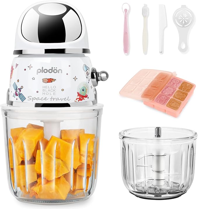 Baby Food Maker Mini Cute and Small Food Processor Puree Blender Grinder Chopper 1.2 Cup Glass Bowl with 6 Blade Electric (Spaceman-White)