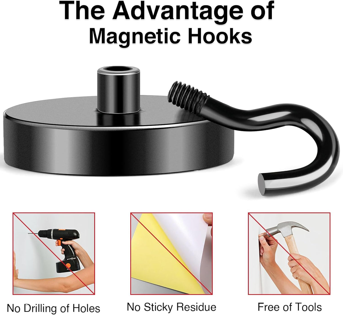 MIKEDE Magnetic Hooks Heavy Duty, 150LB+ Strong Black Magnets Hooks for Refrigerator, Rare Earth Neodymium Hooks with Epoxy Coating, Cruise Magnets with Hook for Hanging, Garage - 6 Pack