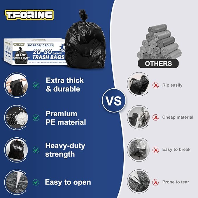 20-30 Gallon Trash Bags Black - 1.28 Mil Thick,30" x 35" Large Garbage Bags 100 Count，20+ Gallon Heavy Duty Trash Can Liners Unscented for Kitchen Home Office Commercial Outdoor