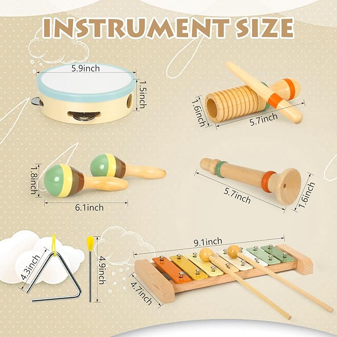 Musical Instruments Set Toys for Toddlers 1-3 - Neutral Colors Wooden Montessori Toys Percussion Music Modern Xylophone Drum Birthday Chirstmas Gifts for 1 2 3 Year Old Kids Baby Toddlers Boys Girls