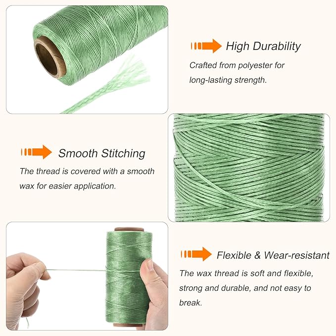 MECCANIXITY Waxed Thread,197 Yard 1mm 210D Flat Wax Thread Polyester Waxed String for Leather Sewing Hand Weaving Book Binding Home Decoration,Grass Green