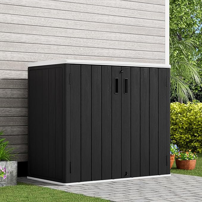 KINYING Outdoor Horizontal Storage Sheds,37 Cu.ft Outdoor Storage Cabinet Waterproof Resin Tool Storage Box for Lawn Mower,Garden Tools and Patio Furniture, Lockable (Black)