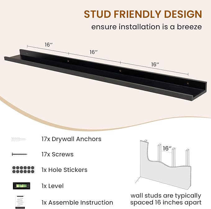 Axeman Picture Ledge Shelf, Floating Shelves for Wall Decor Storage Set of 6, 55 inch Floating Wall Mounted Shelves, Wall Shelves with Lip for Living Room, Bedroom, Nursery, Bathroom, Kitchen, Black