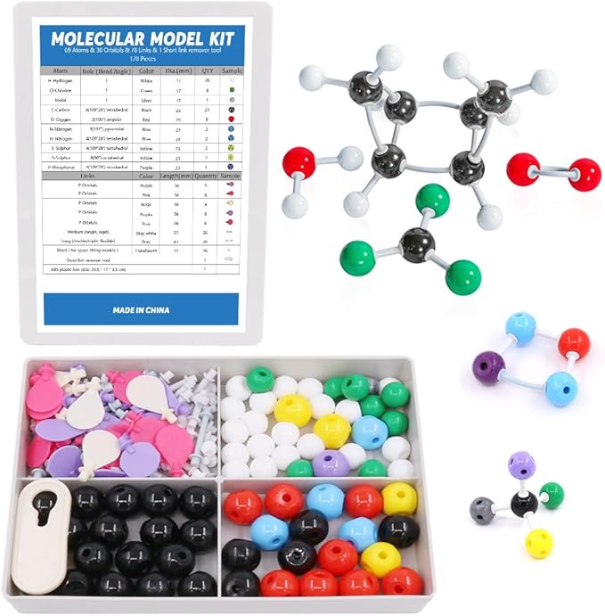 Swpeet 178 Pcs Molecular Model Kit for Inorganic & Organic Molecular Model Teacher and 16 Years and Over Teenages Kit - 69 Atoms & 30 Orbitals & 78 Links & 1 Short Link Remover Tool - Science Toys