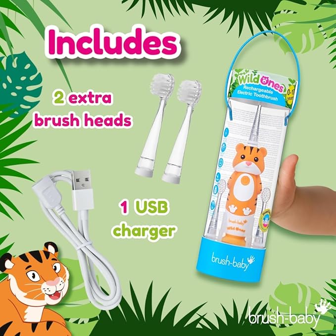 brush-baby WildOnes™ Rechargeable Kids Electric Toothbrush – Toby Tiger | Flashing Lights, 2-Min Timer, Waterproof, 3 Brush Heads | Toddler & Child Toothbrush Ages 0-10 | Soft Bristles