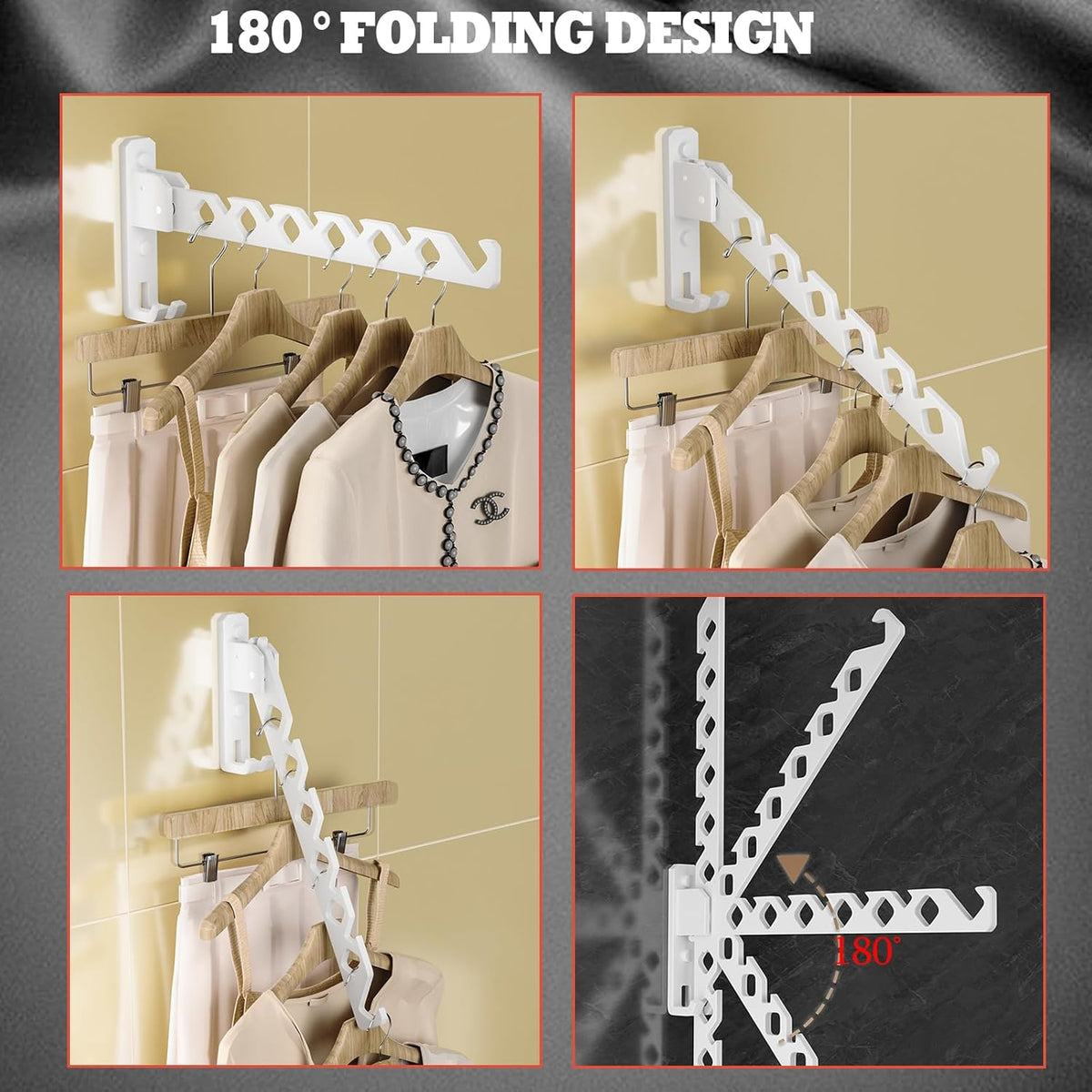 Wall Mount Coat Hanger Holder White Clothes Drying Organizer Rack Garment Hooks Aluminium Retractable Folding Indoor Wall Mounted Hanger Space Saver for Laundry Room Bedroom White 2 Pack with 8 Hooks