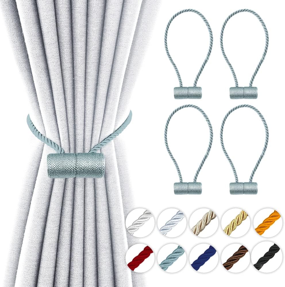 18 Inch Strong Magnetic Curtain Tiebacks, Curtain Holdbacks Modern Upgrade Strong 2021 New Twisted Style Decorative Drapery Rope Tie Backs(4 Pack Grey Blue)