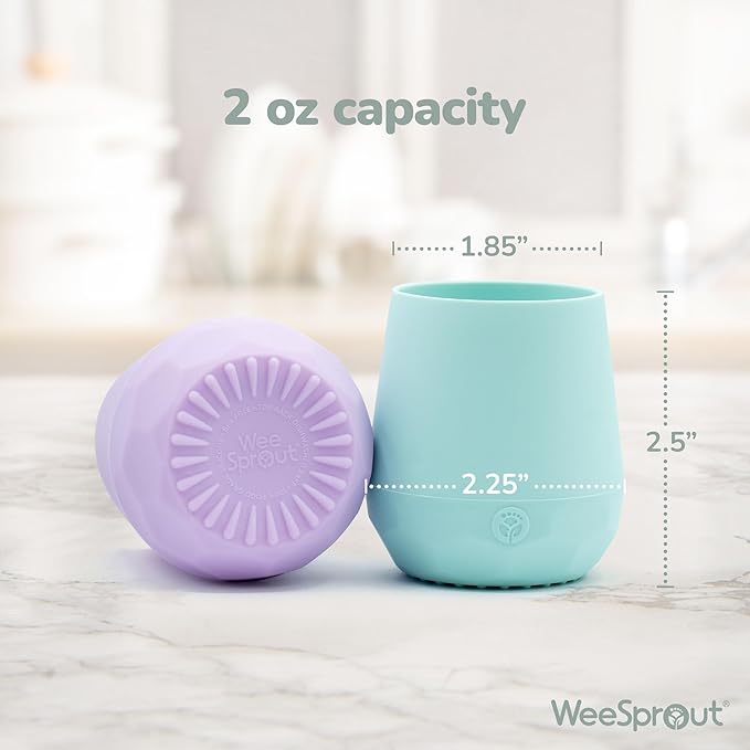 WeeSprout Silicone Baby Training Cups - Set of 2 Soft Silicone Cups - 2 oz Open Cup for Baby 6+ Months - Non-Slip Grip, Weighted Base - Gentle on Gums & Teeth (Matte Pink & Matte Purple)