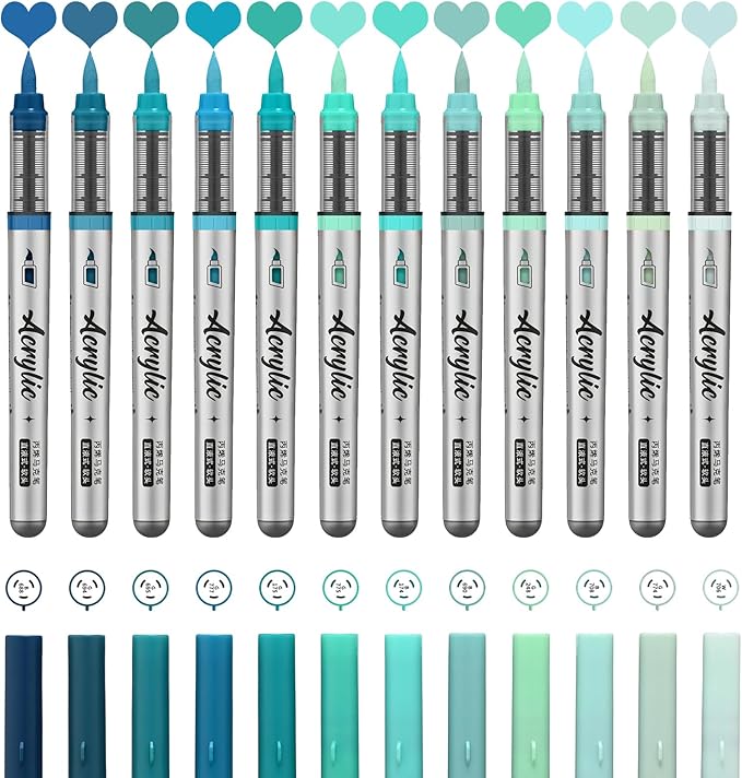 Mint Green Acrylic Paint Pens,12 Color Paint Pens Markers,Brush Tip Paint Pens for Rock Painting Wood Glass Ceramic Canvas Stone DIY Crafts Making Art Supplies
