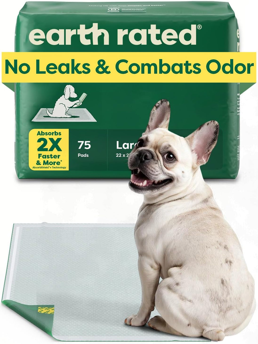 Earth Rated Max Absorbency Puppy Pee Pads for Dogs Absorbs 2X Faster & 2X More, Leak-Proof Odor-Free Potty Training Wee Wee Pad, Unscented, Large, 22” x 23”, 75 Count