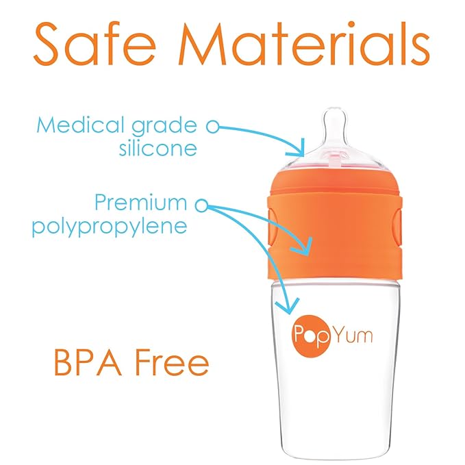 PopYum 9 oz Orange Anti-Colic Formula Making/Mixing/Dispenser Baby Bottles, 2-Pack with #2 Medium Flow Nipples, 260 ml, BPA-Free, Natural Latch
