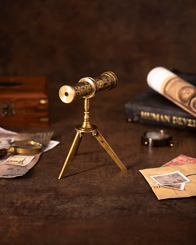 Antique Brass Kaleidoscope Gift for Kids and Adults, Vintage Collection for Birthday, Unique Gift Idea and Decor (with Stand, One)