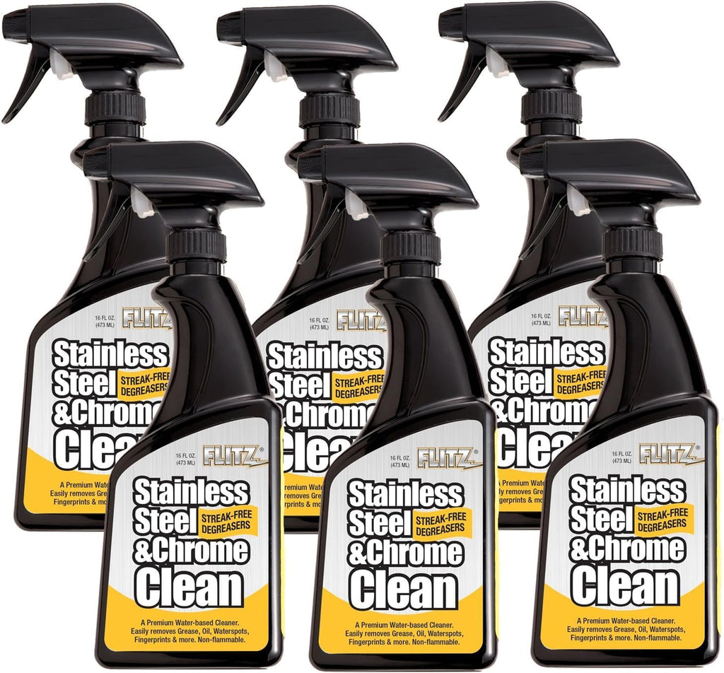 Flitz Stainless Steel & Chrome Clean - 16oz Bottle, USA-Made Stainless Steel Cleaner Spray for Appliances - Grill, Fridge, Sink Stain Remover - Also Works on Aluminum Surfaces (6 Pack)