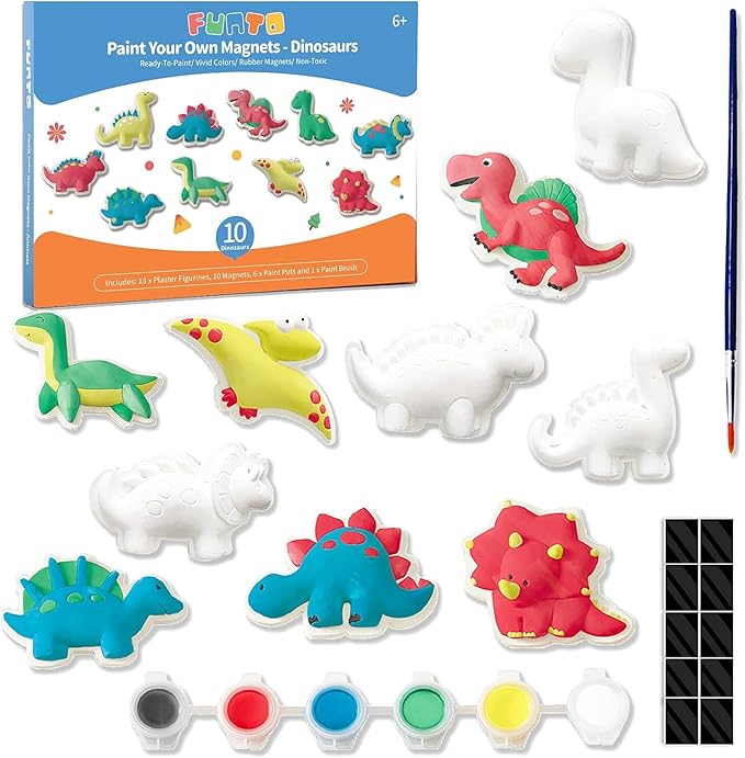 Funto Dinosaur Painting Kit for Kids, Paint Your Own Figurines with Magnet, 27 PCS Crafts Set, Ceramics to Paint, STEAM Projects Creative Activity DIY
