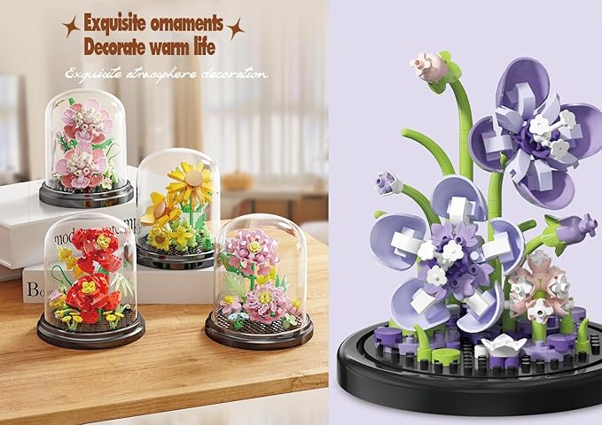 Rose Love Home Bouquets Dust Cover Set Building Toy Creative Assembly Bonsai Tree, Ideal for Valentine's Anniversaries Birthday