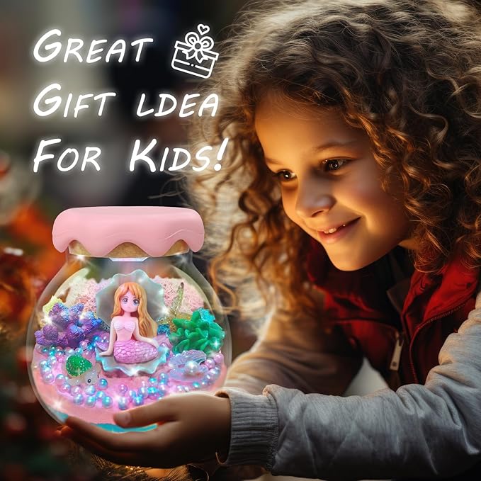 Mermaid Gift for Girls Mermaid Terrarium Kit for Kids Birthday Gift for Girls Ages 4 5 6 7 8-12 Year Old Light-Up Kit Crafts DIY Arts Toys Mermaid Toys for Girls Birthday Ideas Present for Kids
