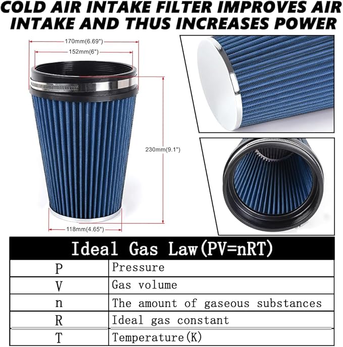 6" Inlet Cold Air Intake Filter Cone Replacement Performance Washable Clamp-On Dry Air Filters Blue (8" Tall)