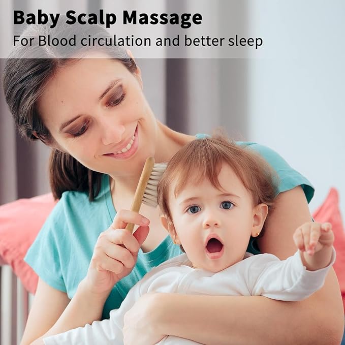 Goat Baby Hair Brush Set, Wooden Comb Massage Scalp Comb, Safe Natural Hair Care Kit, Soft Silicone Bath Brush for Newborns Toddlers (Brush Set+ Pink Massager)