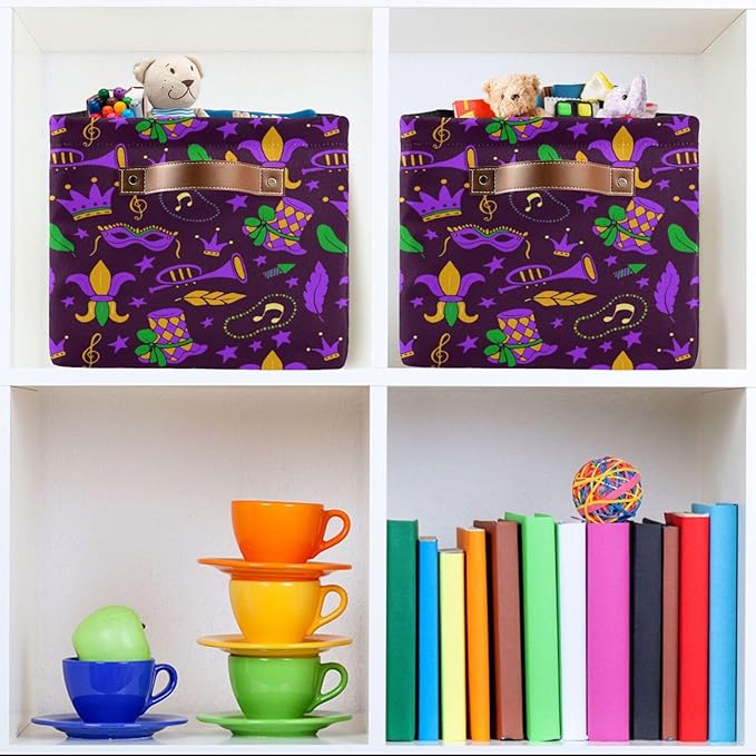 Mardi Gras Carnival Storage Basket Cube Storage Bins Organizer Bag Collapsible Closet Shelf Baskets with handle for Baby Cloth Pet Toy Book 14.2×10.2×8.3 IN