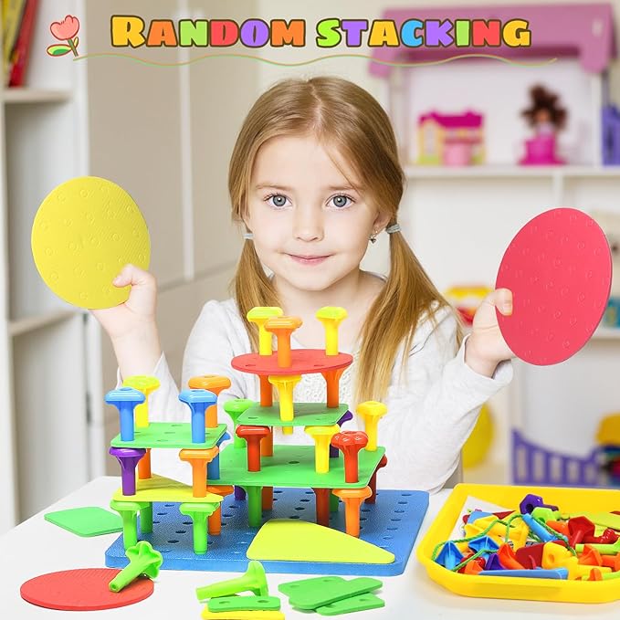 Peg Board Toy set 73Pcs DIY Building Stacking Toys for Kids 3-6 Years Old,STEM Educational Kids Toy for Brain Development,Montessori Sensory Toys,Upgrade Various Foam Board Plastic Lacing String Game