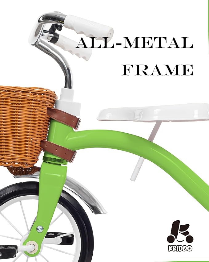 KRIDDO Classic All Metal Toddler Trike, Gift for Boys and Girls Ages 2 to 4 Year Old, Tricycle for 1 to 3 Year Olds, Sturdy Rear Deck, Deluxe Steer and Ergonomics Grip, Indoor and Outdoor, Green