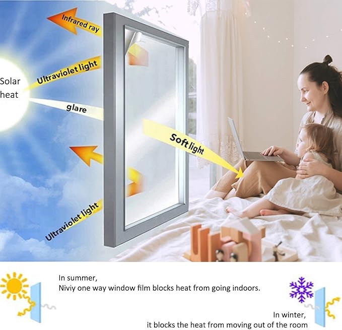 Niviy One Way Window Film Daytime Privacy Mirror Effect Reflective Window Tint for Home Self Adhesive UV Sun Blocking Heat Control Glass Door Films 17.5 x 196.8 inches Silver