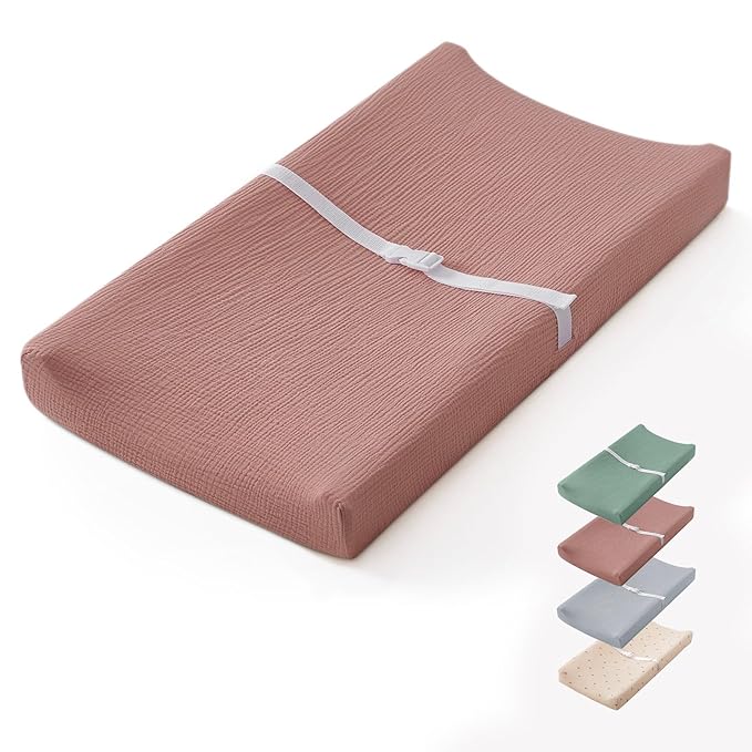 Blissful Diary Muslin Baby Changing Pad with Waterproof Lining Foam, Diaper Changing Table Pad with Cover for Dressers (Dusty Pink, Rectangular)